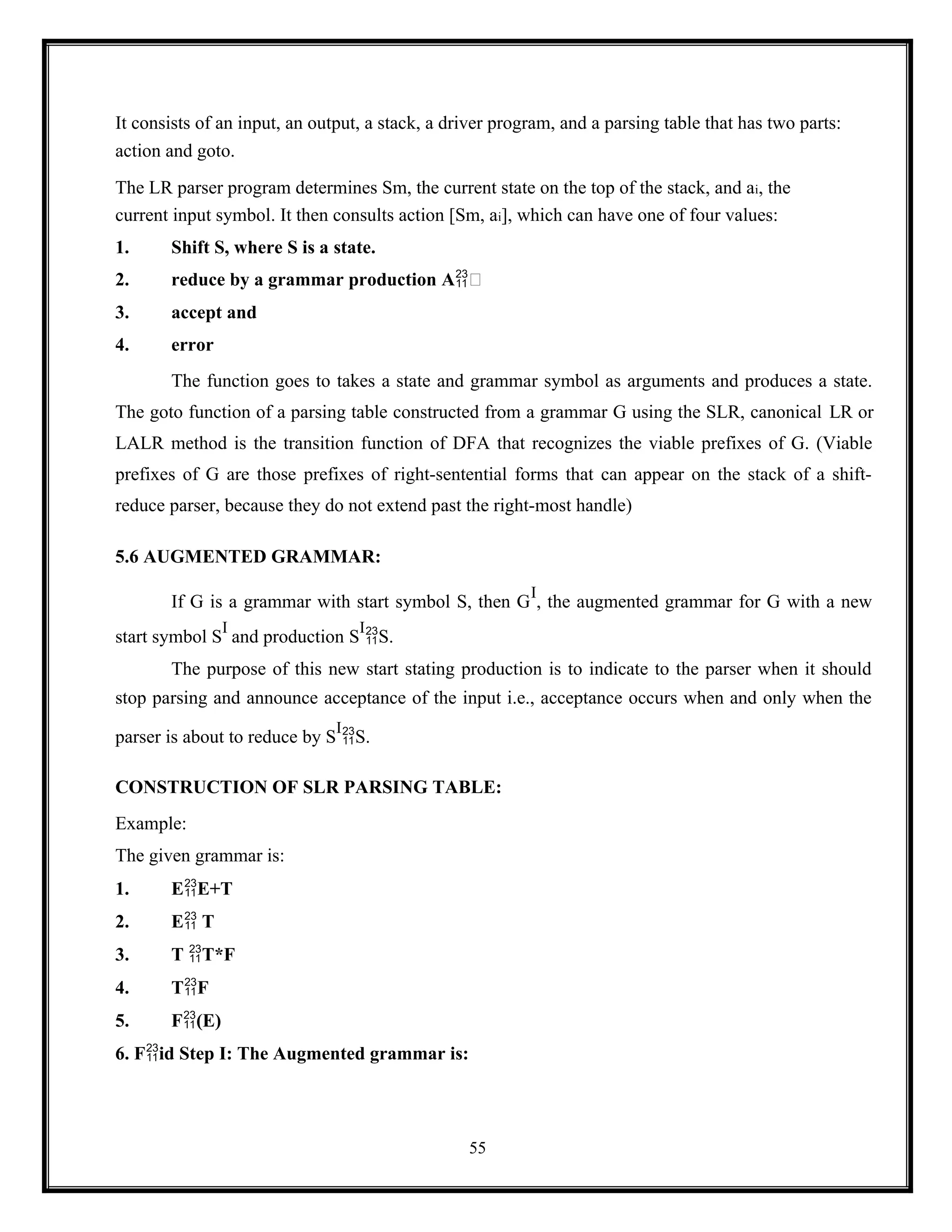 55
It consists of an input, an output, a stack, a driver program, and a parsing table that has two parts:
action and goto.
The LR parser program determines Sm, the current state on the top of the stack, and ai, the
current input symbol. It then consults action [Sm, ai], which can have one of four values:
1. Shift S, where S is a state.
2. reduce by a grammar production A
3. accept and
4. error
The function goes to takes a state and grammar symbol as arguments and produces a state.
The goto function of a parsing table constructed from a grammar G using the SLR, canonical LR or
LALR method is the transition function of DFA that recognizes the viable prefixes of G. (Viable
prefixes of G are those prefixes of right-sentential forms that can appear on the stack of a shift-
reduce parser, because they do not extend past the right-most handle)
5.6 AUGMENTED GRAMMAR:
If G is a grammar with start symbol S, then G
I
, the augmented grammar for G with a new
start symbol S
I
and production S
I
S.
The purpose of this new start stating production is to indicate to the parser when it should
stop parsing and announce acceptance of the input i.e., acceptance occurs when and only when the
parser is about to reduce by S
I
S.
CONSTRUCTION OF SLR PARSING TABLE:
Example:
The given grammar is:
1. EE+T
2. E T
3. T T*F
4. TF
5. F(E)
6. Fid Step I: The Augmented grammar is:
 