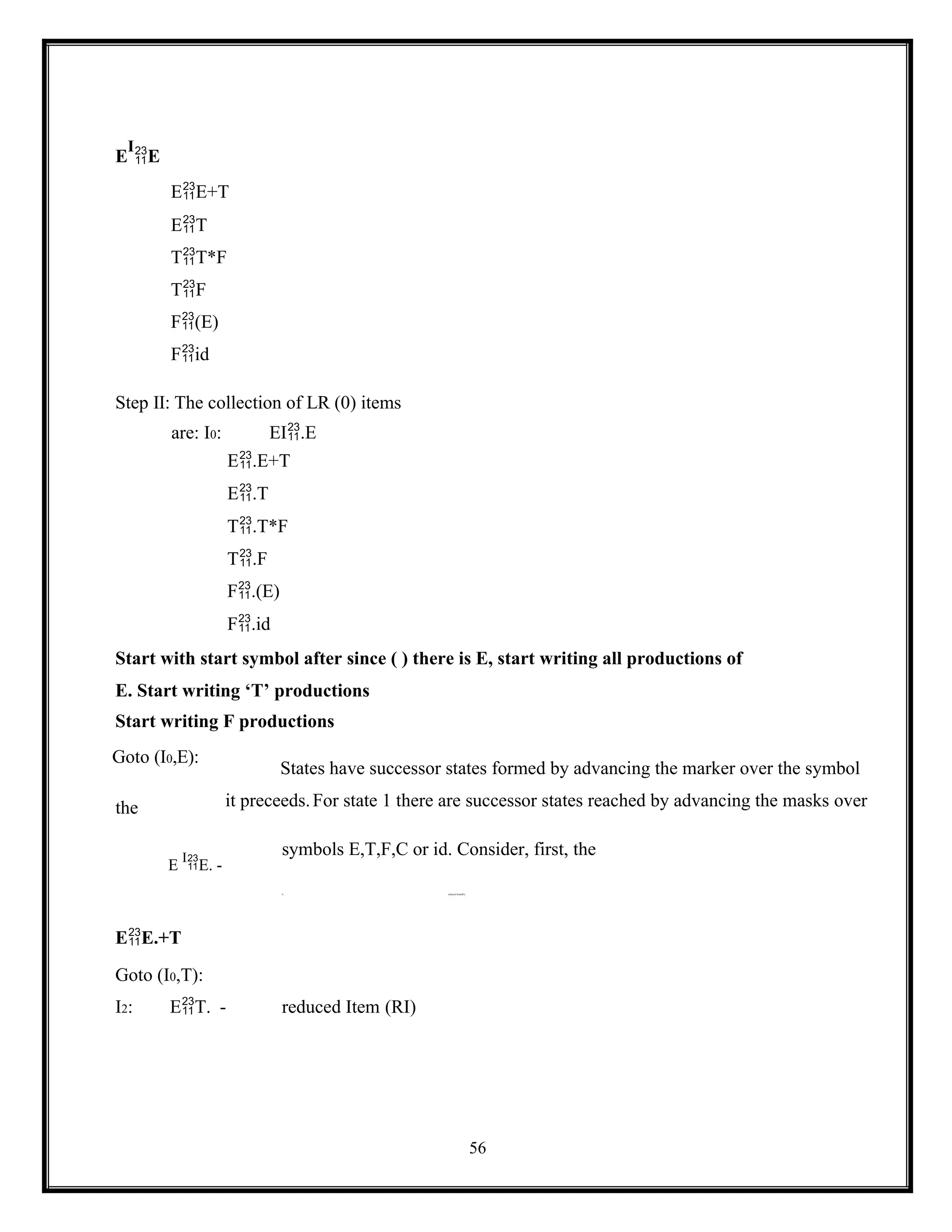 56
E
I
E
EE+T
ET
TT*F
TF
F(E)
Fid
Step II: The collection of LR (0) items
are: I0: EI .E

E.E+T
E.T
T.T*F
T.F
F.(E)
F.id
Start with start symbol after since ( ) there is E, start writing all productions of
E. Start writing ‘T’ productions
Start writing F productions
Goto (I0,E):
the
States have successor states formed by advancing the marker over the symbol
it preceeds.For state 1 there are successor states reached by advancing the masks over
E
IE. -
symbols E,T,F,C or id. Consider, first, the
I1: reduced Item(RI)
EE.+T
Goto (I0,T):
I2: ET. - reduced Item (RI)
 