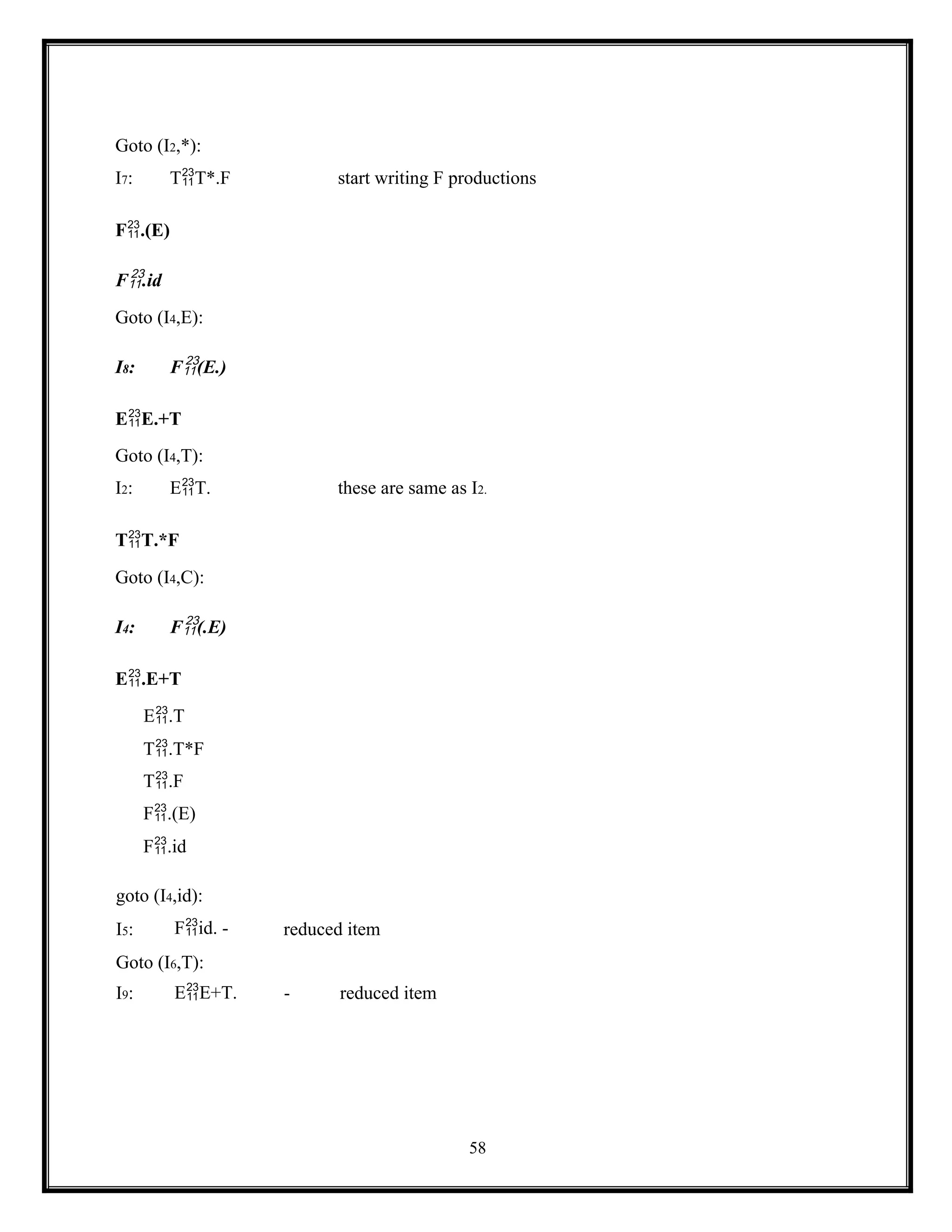 58
Goto (I2,*):
I7: TT*.F start writing F productions
F.(E)
F.id
Goto (I4,E):
I8: F(E.)
EE.+T
Goto (I4,T):
I2: ET. these are same as I2.
TT.*F
Goto (I4,C):
I4: F(.E)
E.E+T
E.T
T.T*F
T.F
F.(E)
F.id
goto (I4,id):
I5: Fid. - reduced item
Goto (I6,T):
I9: EE+T. - reduced item
 