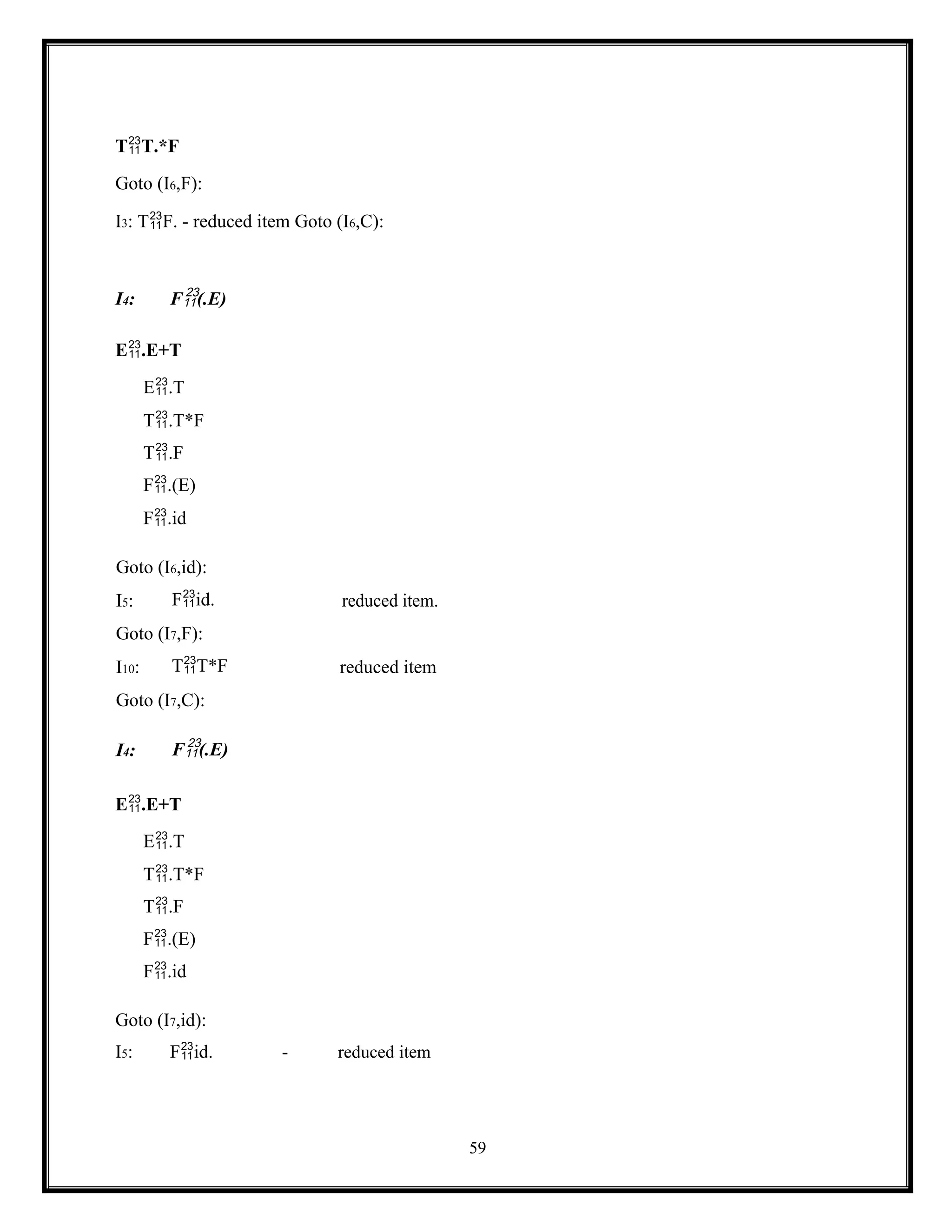 59
TT.*F
Goto (I6,F):
I3: TF. - reduced item Goto (I6,C):
I4: F(.E)
E.E+T
E.T
T.T*F
T.F
F.(E)
F.id
Goto (I6,id):
I5: Fid. reduced item.
Goto (I7,F):
I10: TT*F reduced item
Goto (I7,C):
I4: F(.E)
E.E+T
E.T
T.T*F
T.F
F.(E)
F.id
Goto (I7,id):
I5: Fid. - reduced item
 