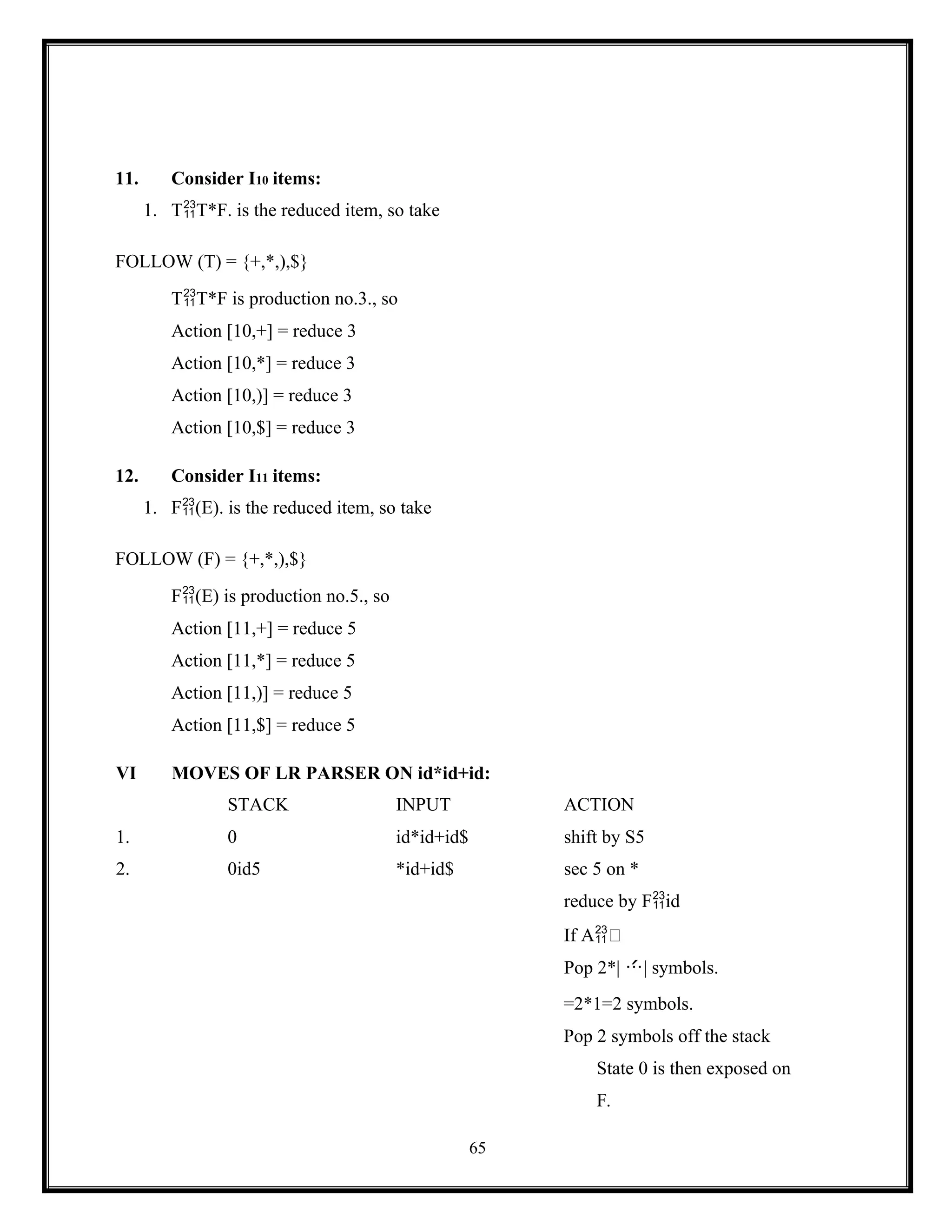 65
11. Consider I10 items:
1. TT*F. is the reduced item, so take
FOLLOW (T) = {+,*,),$}
TT*F is production no.3., so
Action [10,+] = reduce 3
Action [10,*] = reduce 3
Action [10,)] = reduce 3
Action [10,$] = reduce 3
12. Consider I11 items:
1. F(E). is the reduced item, so take
FOLLOW (F) = {+,*,),$}
F(E) is production no.5., so
Action [11,+] = reduce 5
Action [11,*] = reduce 5
Action [11,)] = reduce 5
Action [11,$] = reduce 5
VI MOVES OF LR PARSER ON id*id+id:
STACK INPUT ACTION
1. 0 id*id+id$ shift by S5
2. 0id5 *id+id$ sec 5 on *
reduce by Fid
If A
Pop 2*| | symbols.
=2*1=2 symbols.
Pop 2 symbols off the stack
State 0 is then exposed on
F.
 