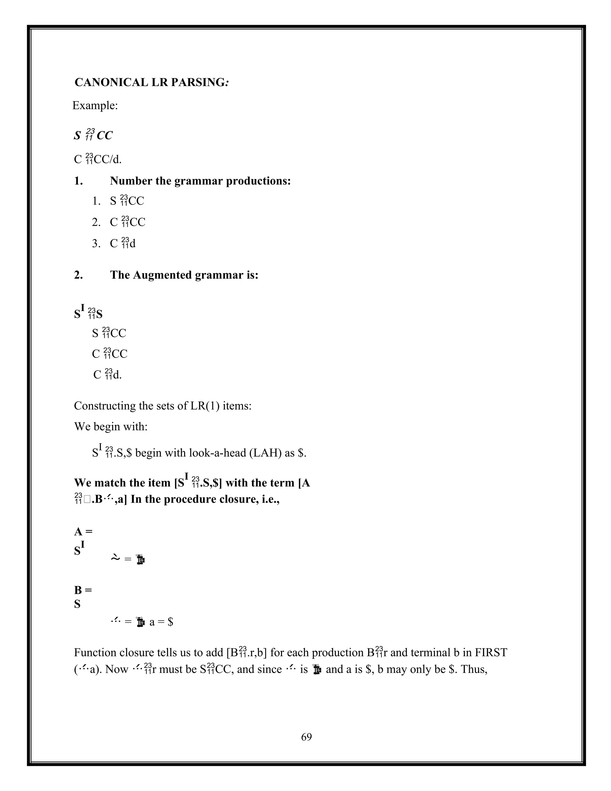 69
CANONICAL LR PARSING:
Example:
S  CC
C CC/d.
1. Number the grammar productions:
1. S CC
2. C CC
3. C d
2. The Augmented grammar is:
S
I
S
S CC
C CC
C d.
Constructing the sets of LR(1) items:
We begin with:
S
I
.S,$ begin with look-a-head (LAH) as $.
We match the item [S
I
.S,$] with the term [A
.B,a] In the procedure closure, i.e.,
A =
S
I
 = 
B =
S
 =  a = $
Function closure tells us to add [B.r,b] for each production Br and terminal b in FIRST
(a). Now r must be SCC, and since  is  and a is $, b may only be $. Thus,
 