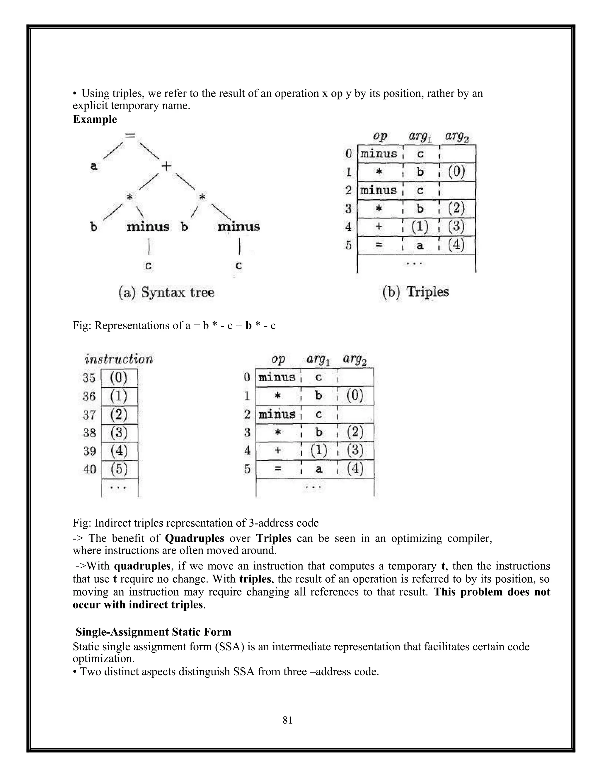 81
• Using triples, we refer to the result of an operation x op y by its position, rather by an
explicit temporary name.
Example
Fig: Representations of a = b * - c + b * - c
Fig: Indirect triples representation of 3-address code
-> The benefit of Quadruples over Triples can be seen in an optimizing compiler,
where instructions are often moved around.
->With quadruples, if we move an instruction that computes a temporary t, then the instructions
that use t require no change. With triples, the result of an operation is referred to by its position, so
moving an instruction may require changing all references to that result. This problem does not
occur with indirect triples.
Single-Assignment Static Form
Static single assignment form (SSA) is an intermediate representation that facilitates certain code
optimization.
• Two distinct aspects distinguish SSA from three –address code.
 