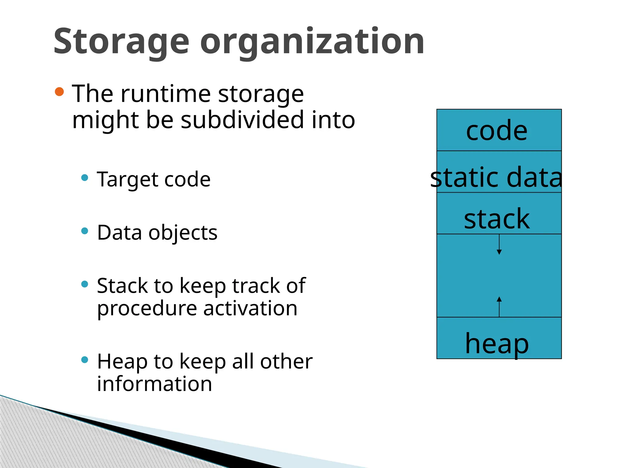 Storage organization
 The runtime storage
might be subdivided into
 Target code
 Data objects
 Stack to keep track of
procedure activation
 Heap to keep all other
information
code
static data
stack
heap
 