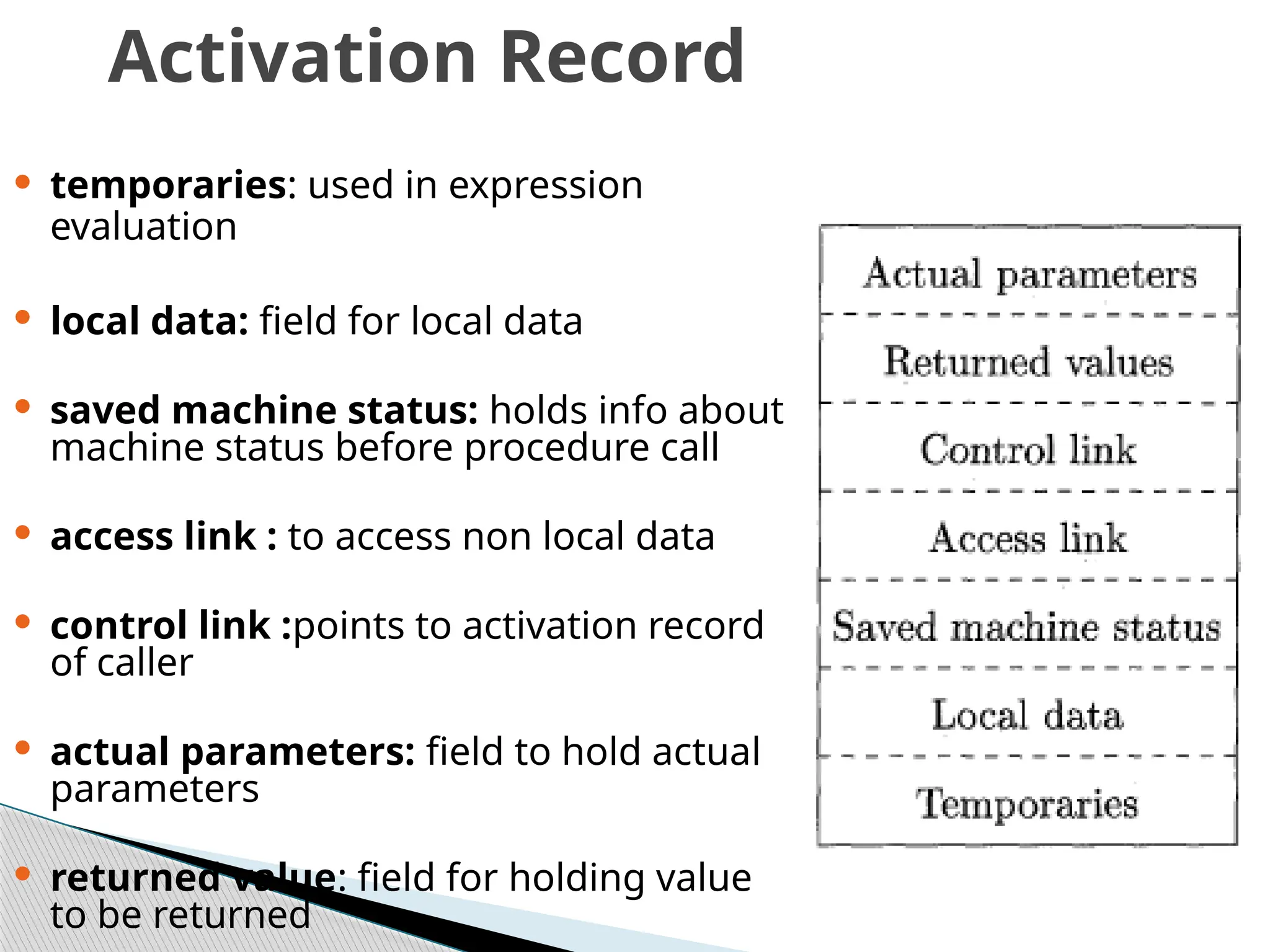 Activation Record
 temporaries: used in expression
evaluation
 local data: field for local data
 saved machine status: holds info about
machine status before procedure call
 access link : to access non local data
 control link :points to activation record
of caller
 actual parameters: field to hold actual
parameters
 returned value: field for holding value
to be returned
 