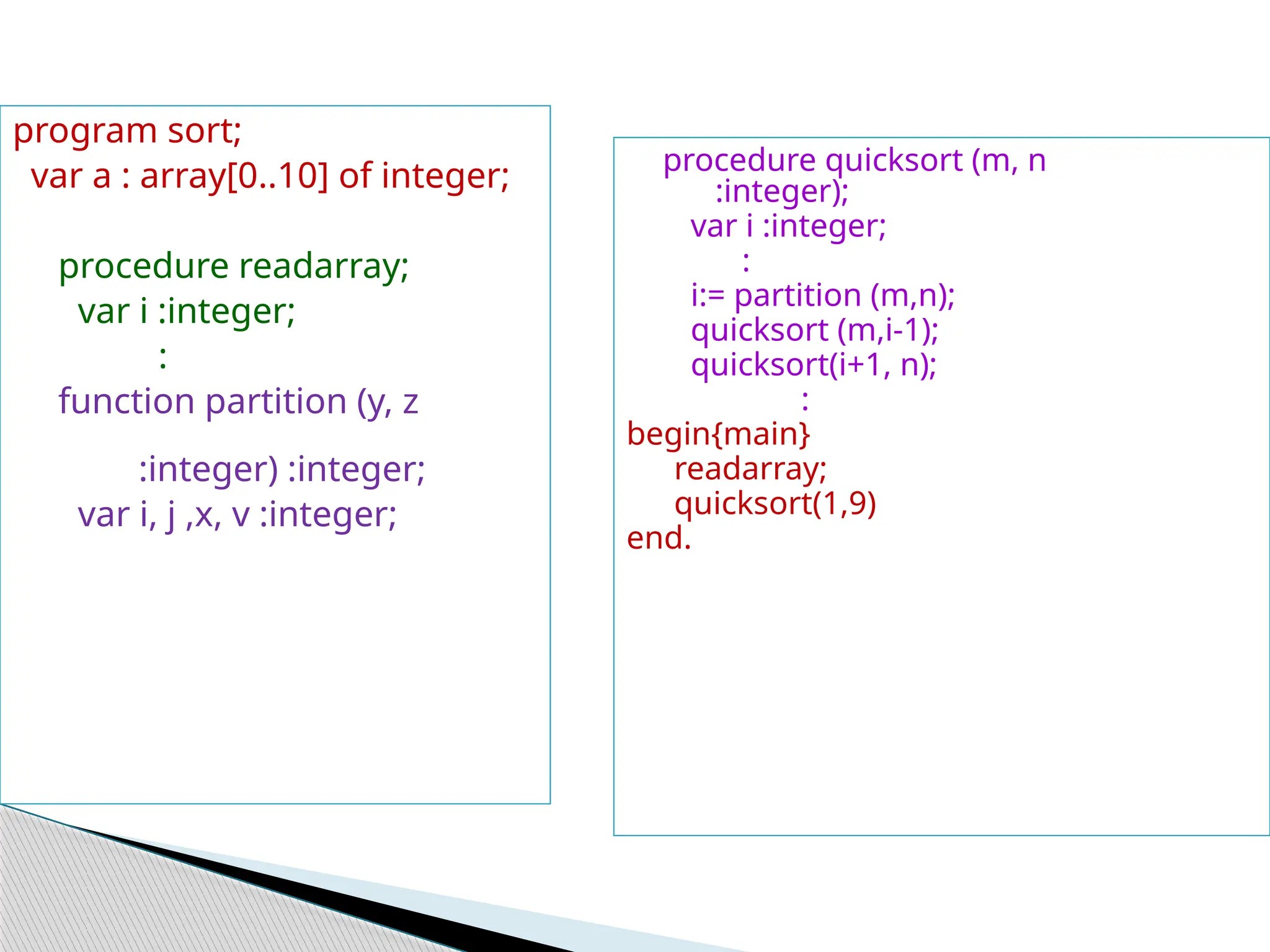 program sort;
var a : array[0..10] of integer;
procedure readarray;
var i :integer;
:
function partition (y, z
:integer) :integer;
var i, j ,x, v :integer;
procedure quicksort (m, n
:integer);
var i :integer;
:
i:= partition (m,n);
quicksort (m,i-1);
quicksort(i+1, n);
:
begin{main}
readarray;
quicksort(1,9)
end.
 