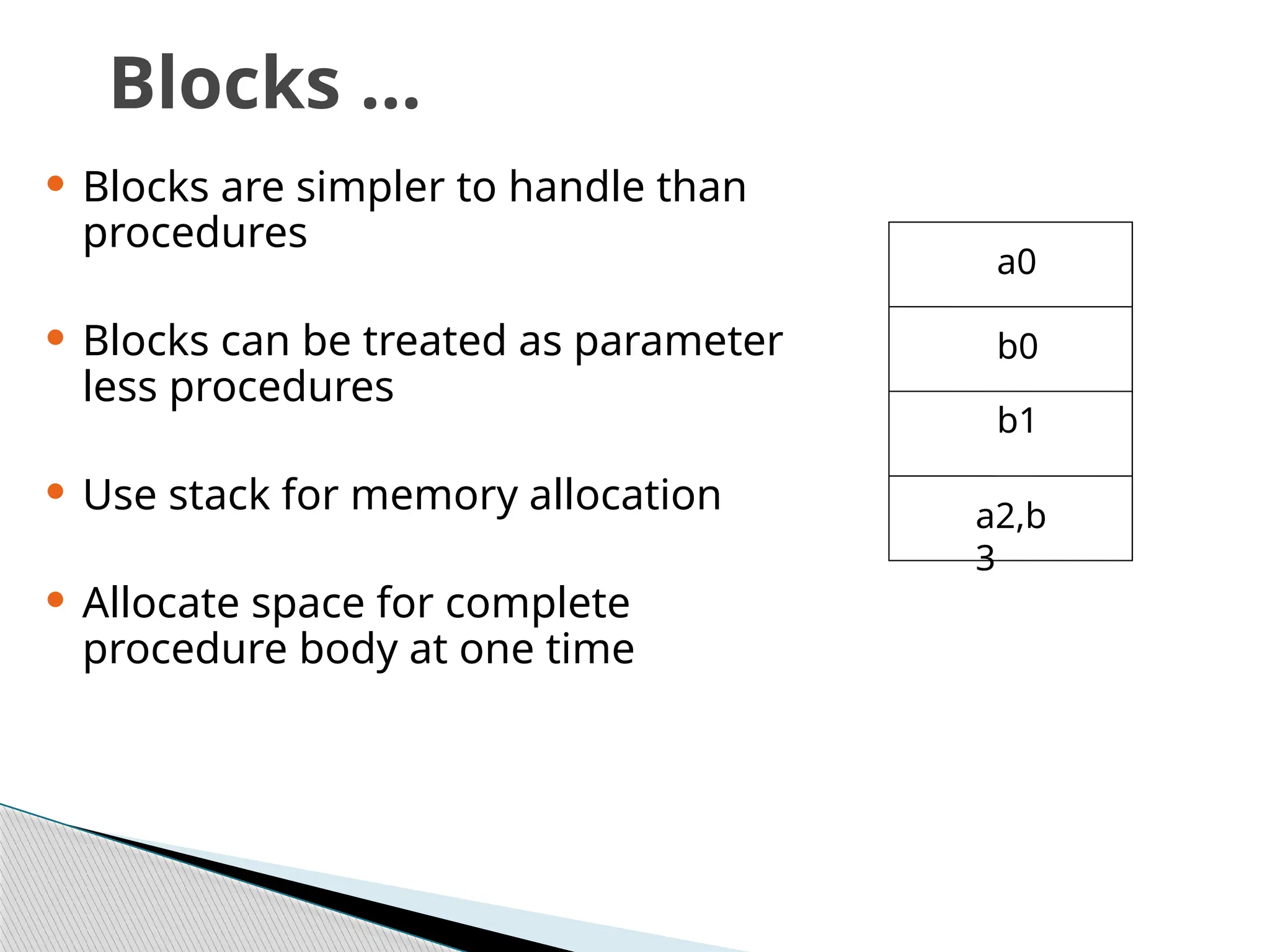 Blocks …
 Blocks are simpler to handle than
procedures
 Blocks can be treated as parameter
less procedures
 Use stack for memory allocation
 Allocate space for complete
procedure body at one time
a0
b0
b1
a2,b
3
 