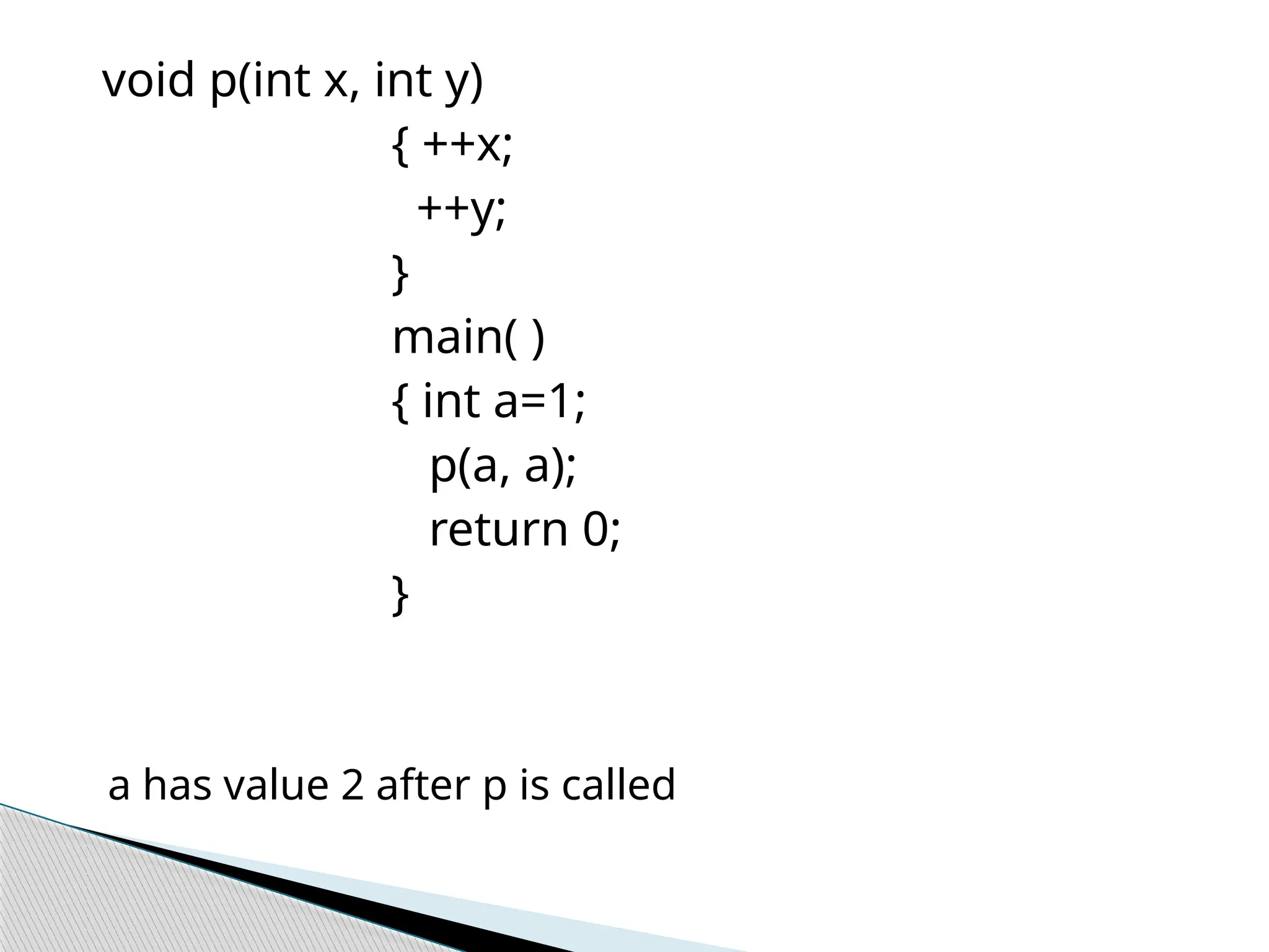 void p(int x, int y)
{ ++x;
++y;
}
main( )
{ int a=1;
p(a, a);
return 0;
}
a has value 2 after p is called
 