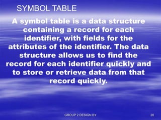 GROUP 2 DESIGN BY 20
A symbol table is a data structure
containing a record for each
identifier, with fields for the
attributes of the identifier. The data
structure allows us to find the
record for each identifier quickly and
to store or retrieve data from that
record quickly.
SYMBOL TABLE
 