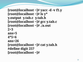[root@localhost ~]# yacc -d -v f1.y
[root@localhost ~]# ls y*
y.output y.tab.c y.tab.h
[root@localhost ~]# gcc y.tab.c
[root@localhost ~]# ./a.out
2+3
ans=5
4*5+6
ans=26
[root@localhost ~]# cat y.tab.h
#define digit 257
[root@localhost ~]#
15
 