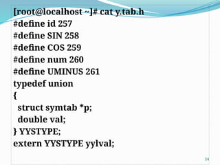 [root@localhost ~]# cat y.tab.h
#define id 257
#define SIN 258
#define COS 259
#define num 260
#define UMINUS 261
typedef union
{
struct symtab *p;
double val;
} YYSTYPE;
extern YYSTYPE yylval;
24
 
