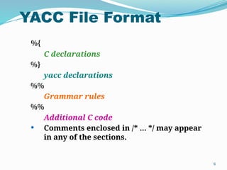 YACC File Format
6
%{
C declarations
%}
yacc declarations
%%
Grammar rules
%%
Additional C code
 Comments enclosed in /* ... */ may appear
in any of the sections.
 