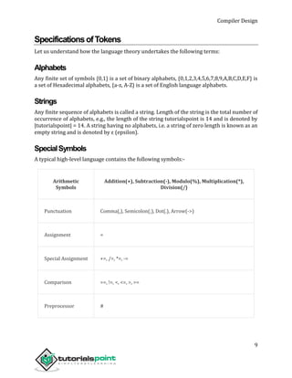 Compiler Design
9
SpecificationsofTokens
Let us understand how the language theory undertakes the following terms:
Alphabets
Any finite set of symbols {0,1} is a set of binary alphabets, {0,1,2,3,4,5,6,7,8,9,A,B,C,D,E,F} is
a set of Hexadecimal alphabets, {a-z, A-Z} is a set of English language alphabets.
Strings
Any finite sequence of alphabets is called a string. Length of the string is the total number of
occurrence of alphabets, e.g., the length of the string tutorialspoint is 14 and is denoted by
|tutorialspoint| = 14. A string having no alphabets, i.e. a string of zero length is known as an
empty string and is denoted by ε (epsilon).
SpecialSymbols
A typical high-level language contains the following symbols:-
Arithmetic
Symbols
Addition(+), Subtraction(-), Modulo(%), Multiplication(*),
Division(/)
Punctuation Comma(,), Semicolon(;), Dot(.), Arrow(->)
Assignment =
Special Assignment +=, /=, *=, -=
Comparison ==, !=, <, <=, >, >=
Preprocessor #
 