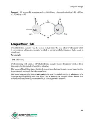 Compiler Design
14
Example : We assume FA accepts any three digit binary value ending in digit 1. FA = {Q(q0,
qf), Σ(0,1), q0, qf, δ}
LongestMatchRule
When the lexical analyzer read the source-code, it scans the code letter by letter; and when
it encounters a whitespace, operator symbol, or special symbols, it decides that a word is
completed.
For example:
int intvalue;
While scanning both lexemes till ‘int’, the lexical analyzer cannot determine whether it is a
keyword int or the initials of identifier int value.
The Longest Match Rule states that the lexeme scanned should be determined based on the
longest match among all the tokens available.
The lexical analyzer also follows rule priority where a reserved word, e.g., a keyword, of a
language is given priority over user input. That is, if the lexical analyzer finds a lexeme that
matches with any existing reserved word, it should generate an error.
 