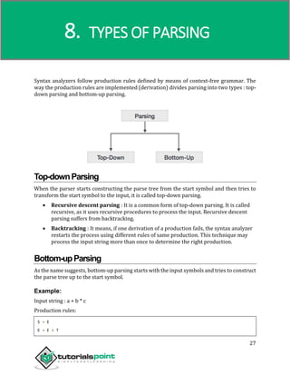 Compiler Design
27
Syntax analyzers follow production rules defined by means of context-free grammar. The
way the production rules are implemented (derivation) divides parsing into two types : top-
down parsing and bottom-up parsing.
Top-downParsing
When the parser starts constructing the parse tree from the start symbol and then tries to
transform the start symbol to the input, it is called top-down parsing.
 Recursive descent parsing : It is a common form of top-down parsing. It is called
recursive, as it uses recursive procedures to process the input. Recursive descent
parsing suffers from backtracking.
 Backtracking : It means, if one derivation of a production fails, the syntax analyzer
restarts the process using different rules of same production. This technique may
process the input string more than once to determine the right production.
Bottom-upParsing
As the name suggests, bottom-up parsing starts with the input symbols and tries to construct
the parse tree up to the start symbol.
Example:
Input string : a + b * c
Production rules:
S → E
E → E + T
8. TYPES OF PARSING
 