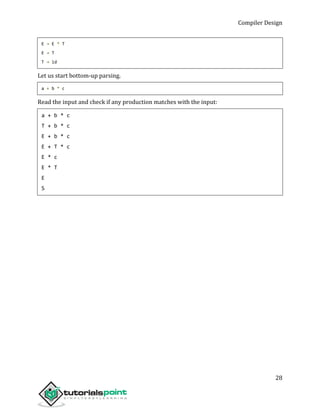 Compiler Design
28
E → E * T
E → T
T → id
Let us start bottom-up parsing.
a + b * c
Read the input and check if any production matches with the input:
a + b * c
T + b * c
E + b * c
E + T * c
E * c
E * T
E
S
 