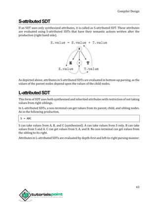 Compiler Design
43
S-attributedSDT
If an SDT uses only synthesized attributes, it is called as S-attributed SDT. These attributes
are evaluated using S-attributed SDTs that have their semantic actions written after the
production (right hand side).
As depicted above, attributes in S-attributed SDTs are evaluated in bottom-up parsing, as the
values of the parent nodes depend upon the values of the child nodes.
L-attributedSDT
This form of SDT uses both synthesized and inherited attributes with restriction of not taking
values from right siblings.
In L-attributed SDTs, a non-terminal can get values from its parent, child, and sibling nodes.
As in the following production,
S → ABC
S can take values from A, B, and C (synthesized). A can take values from S only. B can take
values from S and A. C can get values from S, A, and B. No non-terminal can get values from
the sibling to its right.
Attributes in L-attributed SDTs are evaluated by depth-first and left-to-right parsing manner.
 