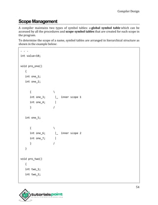 Compiler Design
54
ScopeManagement
A compiler maintains two types of symbol tables: a global symbol table which can be
accessed by all the procedures and scope symbol tables that are created for each scope in
the program.
To determine the scope of a name, symbol tables are arranged in hierarchical structure as
shown in the example below:
. . .
int value=10;
void pro_one()
{
int one_1;
int one_2;
{ 
int one_3; |_ inner scope 1
int one_4; |
} /
int one_5;
{ 
int one_6; |_ inner scope 2
int one_7; |
} /
}
void pro_two()
{
int two_1;
int two_2;
 