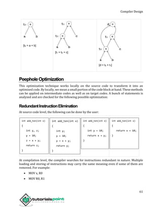Compiler Design
61
[t0 = a + b]
[t1 = t0 + c]
[d = t0 + t1]
PeepholeOptimization
This optimization technique works locally on the source code to transform it into an
optimized code. By locally, we mean a small portion of the code block at hand. These methods
can be applied on intermediate codes as well as on target codes. A bunch of statements is
analyzed and are checked for the following possible optimization:
RedundantInstructionElimination
At source code level, the following can be done by the user:
int add_ten(int x)
{
int y, z;
y = 10;
z = x + y;
return z;
}
int add_ten(int x)
{
int y;
y = 10;
y = x + y;
return y;
}
int add_ten(int x)
{
int y = 10;
return x + y;
}
int add_ten(int x)
{
return x + 10;
}
At compilation level, the compiler searches for instructions redundant in nature. Multiple
loading and storing of instructions may carry the same meaning even if some of them are
removed. For example:
 MOV x, R0
 MOV R0, R1
 