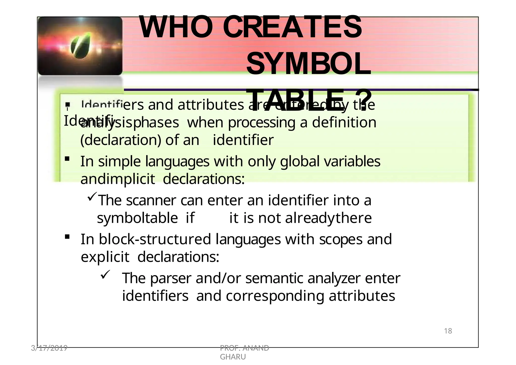 
Identifi
WHO CREATES
SYMBOL
TABLE ?
ers and attributes are entered by the
analysisphases when processing a definition
(declaration) of an identifier
 In simple languages with only global variables
andimplicit declarations:
The scanner can enter an identifier into a
symboltable if it is not alreadythere
 In block-structured languages with scopes and
explicit declarations:
 The parser and/or semantic analyzer enter
identifiers and corresponding attributes
18
3/17/2019 PROF. ANAND
GHARU
 