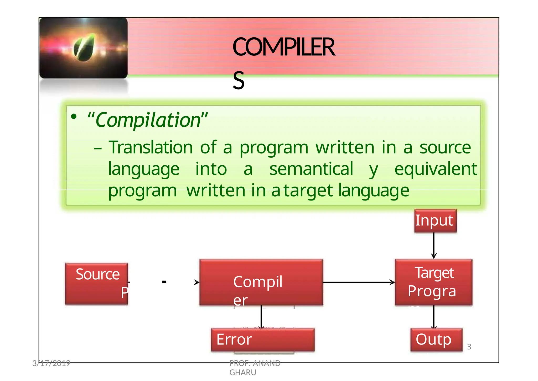 COMPILER
S
• “Compilation”
– Translation of a program written in a source
language into a semantical y equivalent
program written in atarget language
Input
Compil
er
Error
messages
Source
Program
Target
Progra
m
Outp
ut
3
3/17/2019 PROF. ANAND
GHARU
 