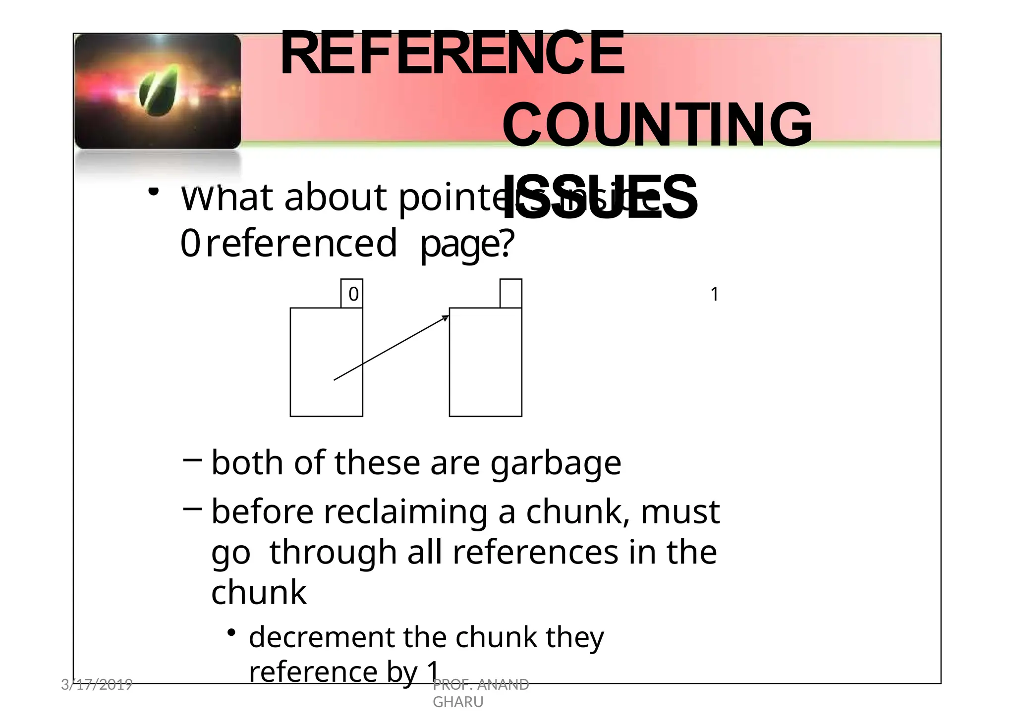 • What about pointers inside
0referenced page?
0 1
REFERENCE
COUNTING
ISSUES
– both of these are garbage
– before reclaiming a chunk, must
go through all references in the
chunk
• decrement the chunk they
reference by 1
3/17/2019 PROF. ANAND
GHARU
 