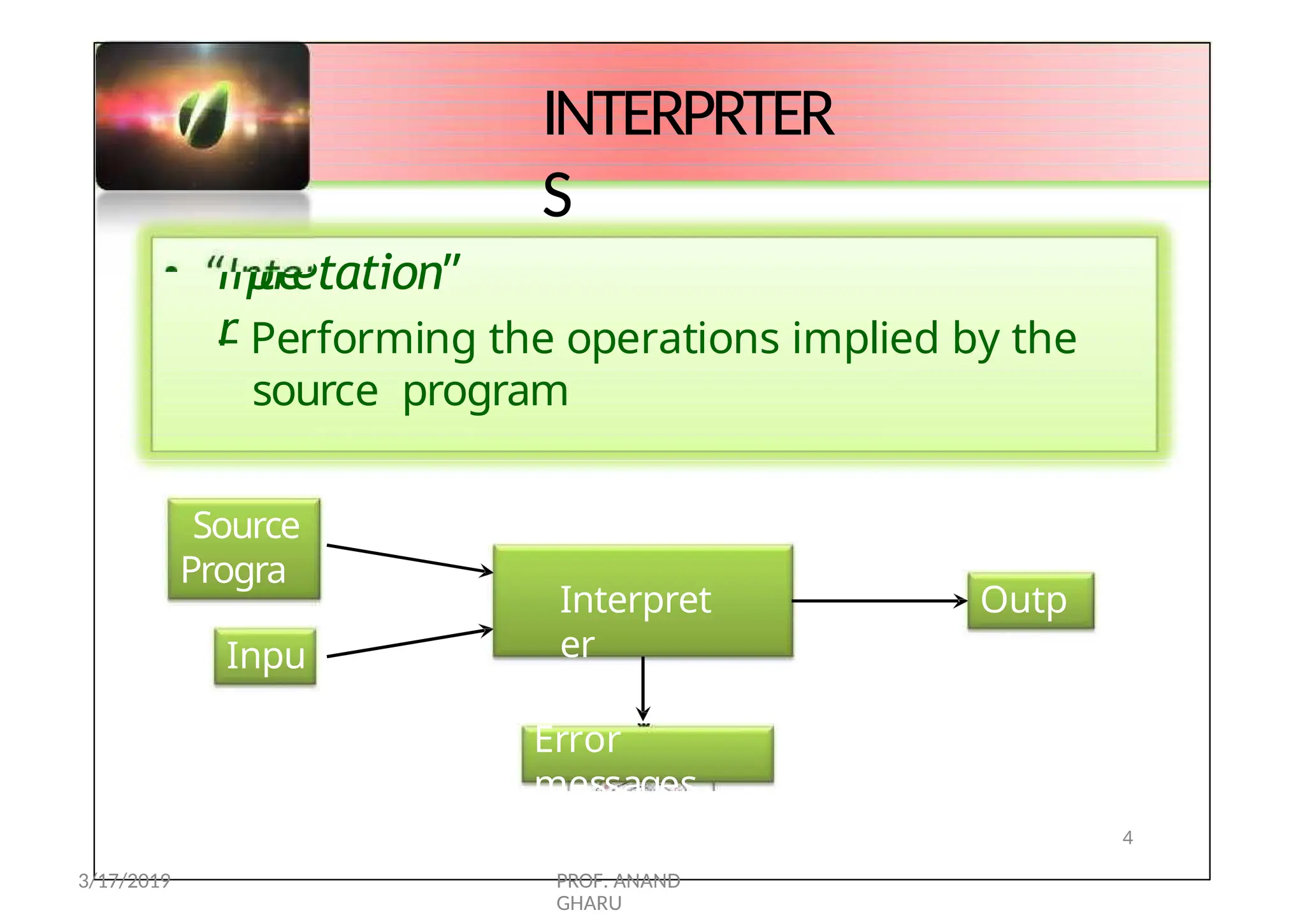 Inte
r
• “ pretation”
– Performing the operations implied by the
source program
INTERPRTER
S
Interpret
er
Source
Progra
m
Inpu
t
Outp
ut
Error
messages
4
3/17/2019 PROF. ANAND
GHARU
 