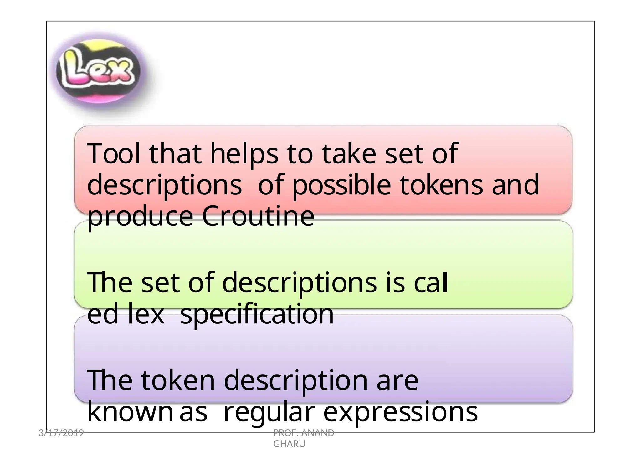 Tool that helps to take set of
descriptions of possible tokens and
produce Croutine
The set of descriptions is cal
ed lex specification
The token description are
known as regular expressions
3/17/2019 PROF. ANAND
GHARU
 
