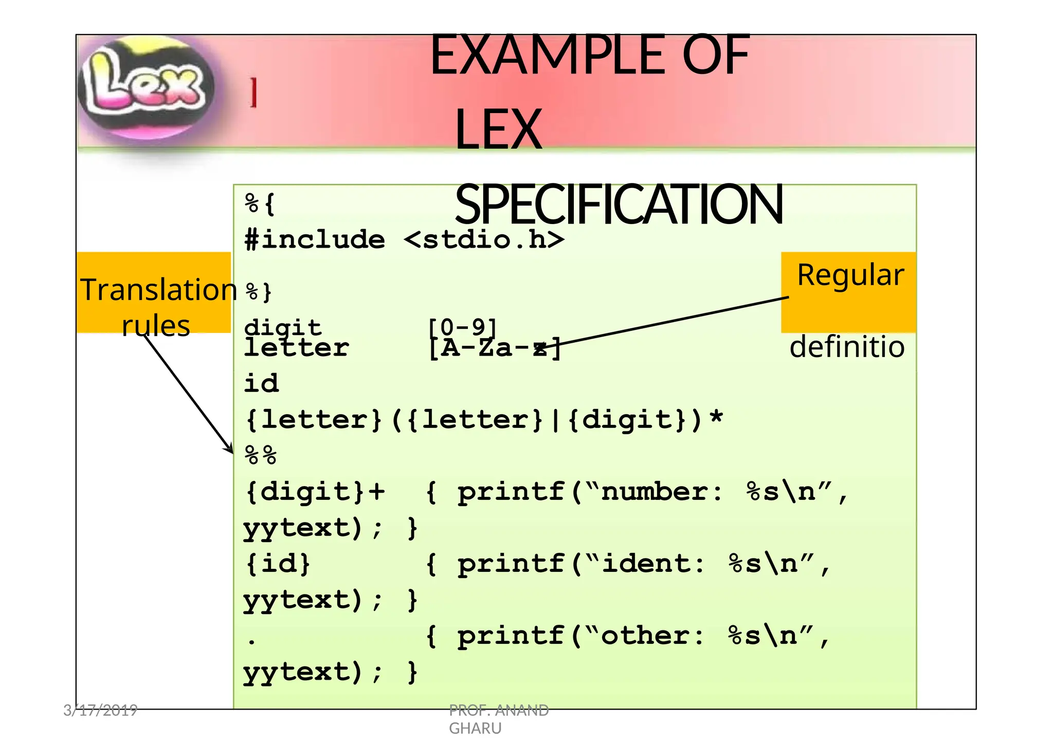 %{
#include <stdio.h>
Regular
definitio
n
Translation %}
EXAMPLE OF
LEX
SPECIFICATION
rules digit [0-9]
letter [A-Za-z]
id
{letter}({letter}|{digit})*
%%
{ printf(“number: %sn”,
{ printf(“ident: %sn”,
{ printf(“other: %sn”,
{digit}+
yytext); }
{id}
yytext); }
.
yytext); }
3/17/2019 PROF. ANAND
GHARU
 