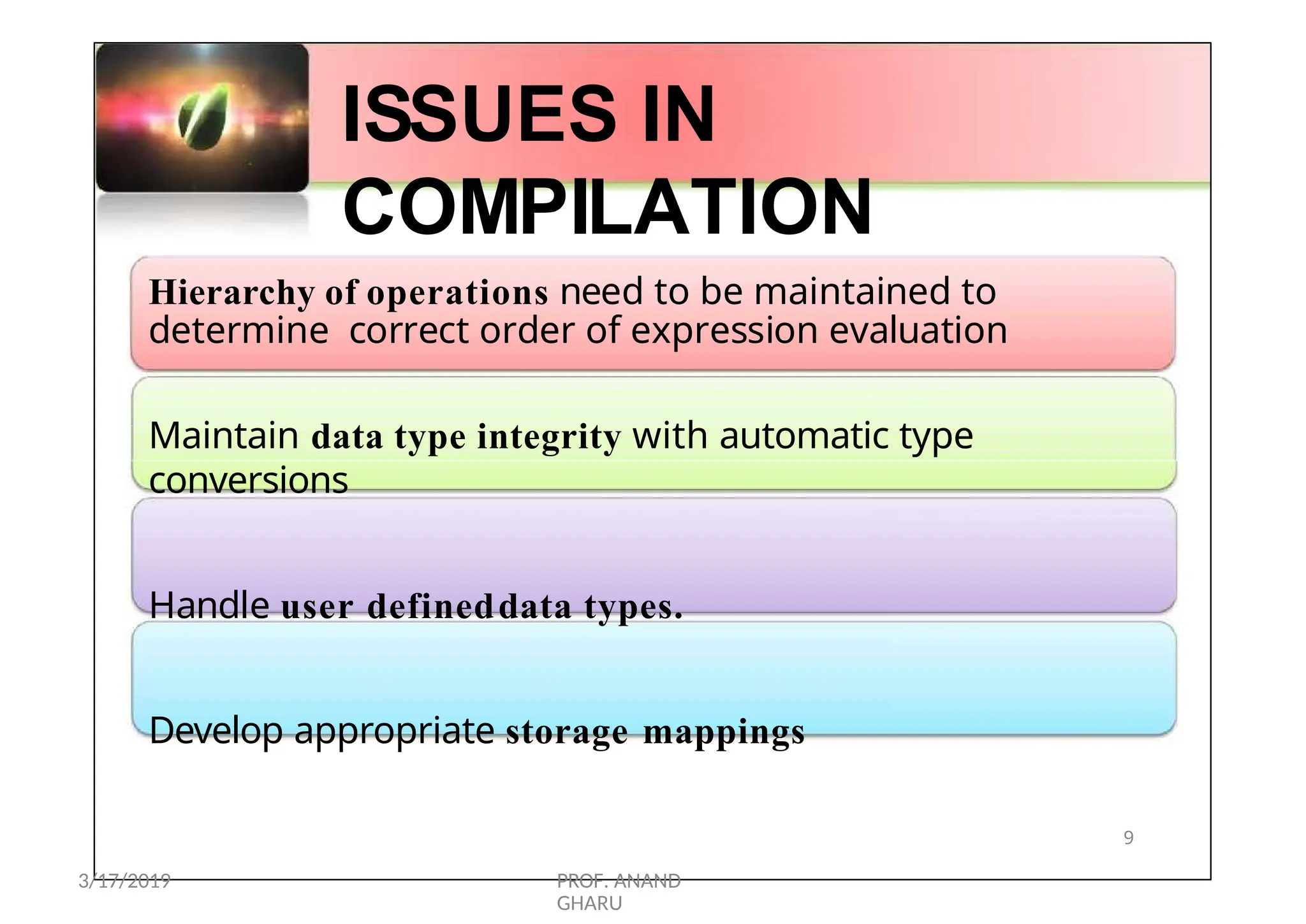 ISSUES IN
COMPILATION
Hierarchy of operations need to be maintained to
determine correct order of expression evaluation
Maintain data type integrity with automatic type
conversions
Handle user defineddata types.
Develop appropriate storage mappings
9
3/17/2019 PROF. ANAND
GHARU
 