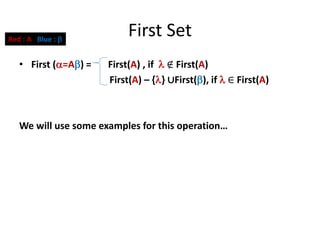 First Set
• First (=A) = First(A) , if  ∉ First(A)
First(A) – {} ∪First(), if  ∈ First(A)
We will use some examples for this operation…
Red : A Blue : 
 