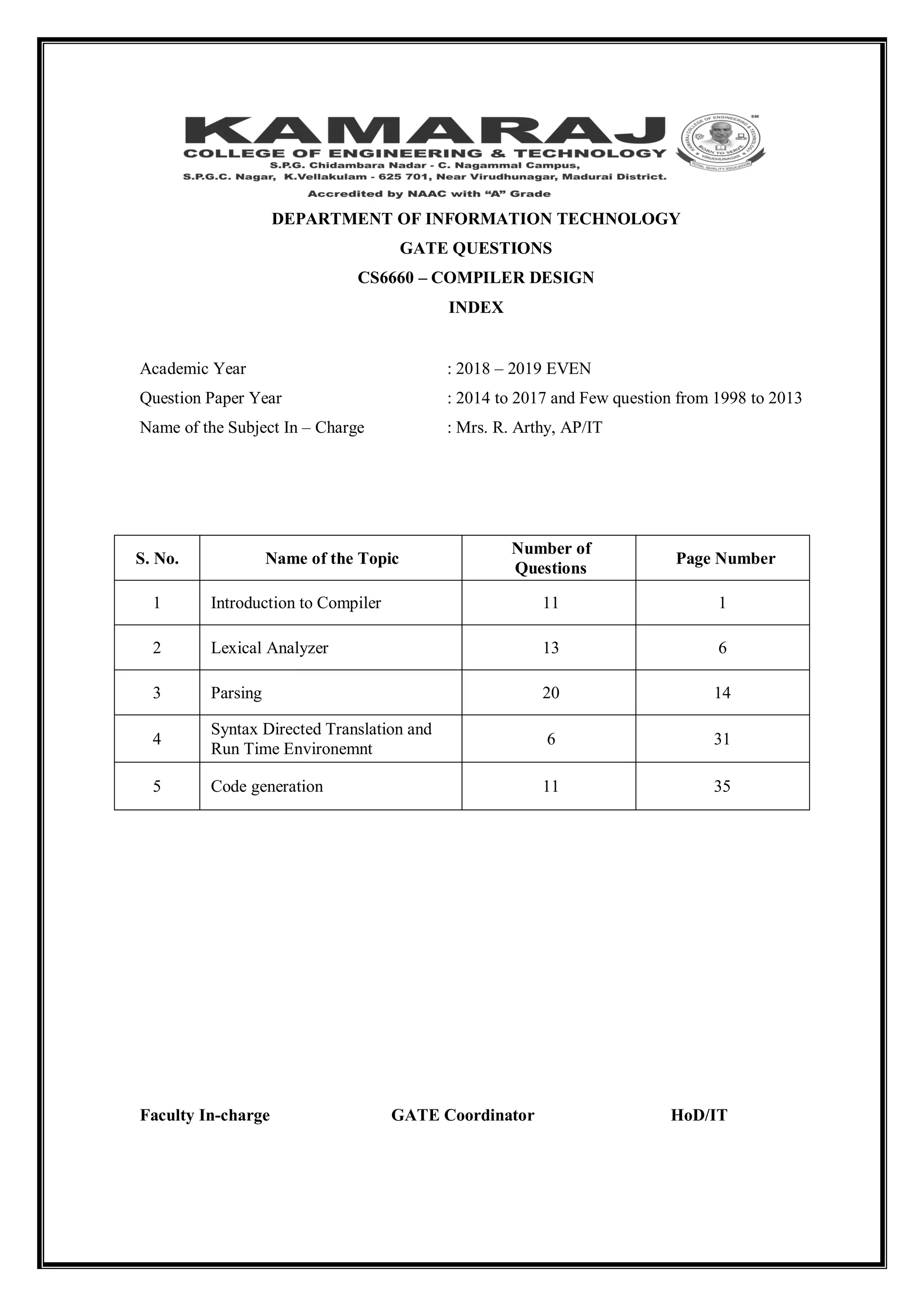 DEPARTMENT OF INFORMATION TECHNOLOGY
GATE QUESTIONS
CS6660 – COMPILER DESIGN
INDEX
Academic Year : 2018 – 2019 EVEN
Question Paper Year : 2014 to 2017 and Few question from 1998 to 2013
Name of the Subject In – Charge : Mrs. R. Arthy, AP/IT
S. No. Name of the Topic
Number of
Questions
Page Number
1 Introduction to Compiler 11 1
2 Lexical Analyzer 13 6
3 Parsing 20 14
4
Syntax Directed Translation and
Run Time Environemnt
6 31
5 Code generation 11 35
Faculty In-charge GATE Coordinator HoD/IT
 