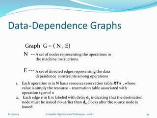 Data-Dependence Graphs
Graph G = ( N , E)
N --
E ---
A set of nodes representing the operations in
the machine instructions.
A set of directed edges representing the data
dependence constraints among operations
1. Each operation n in N has a resource reservation table RTn , whose
value is simply the resource – reservation table associated with
operation type of n
2. Each edge e in E is labeled with delay de indicating that the destination
node must be issued no earlier than de clocks after the source node is
issued.
8/25/2014 24Compiler OptimizationTechniques - unit II
 