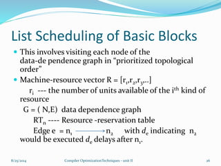 List Scheduling of Basic Blocks
 This involves visiting each node of the
data-de pendence graph in “prioritized topological
order”
 Machine-resource vector R = [r1,r2,r3,..]
ri --- the number of units available of the ith kind of
resource
G = ( N,E) data dependence graph
RTn ---- Resource -reservation table
Edge e = n1 n2 with de indicating n2
would be executed de delays after n1.
8/25/2014 Compiler OptimizationTechniques - unit II 26
 