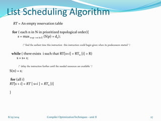 List Scheduling Algorithm
RT = An empty reservation table
for ( each n in N in prioritized topological order){
s = max e=p ->n in E (S(p) + de);
/* find the earliest time this instruction this instruction could begin given when its predecessors started */
while ( there exists i such that RT[s+i] + RTn [i] > R)
s = s+ 1;
/* delay the instruction further until the needed resources are available */
S(n) = s;
for (all i)
RT[s + i] = RT [ s+i ] + RTn [i]
}
8/25/2014 Compiler OptimizationTechniques - unit II 27
 