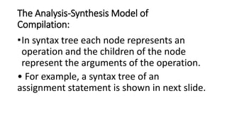The Analysis-Synthesis Model of
Compilation:
•In syntax tree each node represents an
operation and the children of the node
represent the arguments of the operation.
• For example, a syntax tree of an
assignment statement is shown in next slide.
 