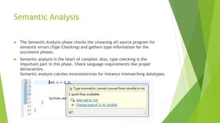 Semantic Analysis
 The Semantic Analysis phase checks the (meaning of) source program for
semantic errors (Type Checking) and gathers type information for the
successive phases.
 Semantic analysis is the heart of compiler. Also, type checking is the
important part in this phase. Check language requirements like proper
declarations.
Semantic analysis catches inconsistencies for instance mismatching datatypes.
 