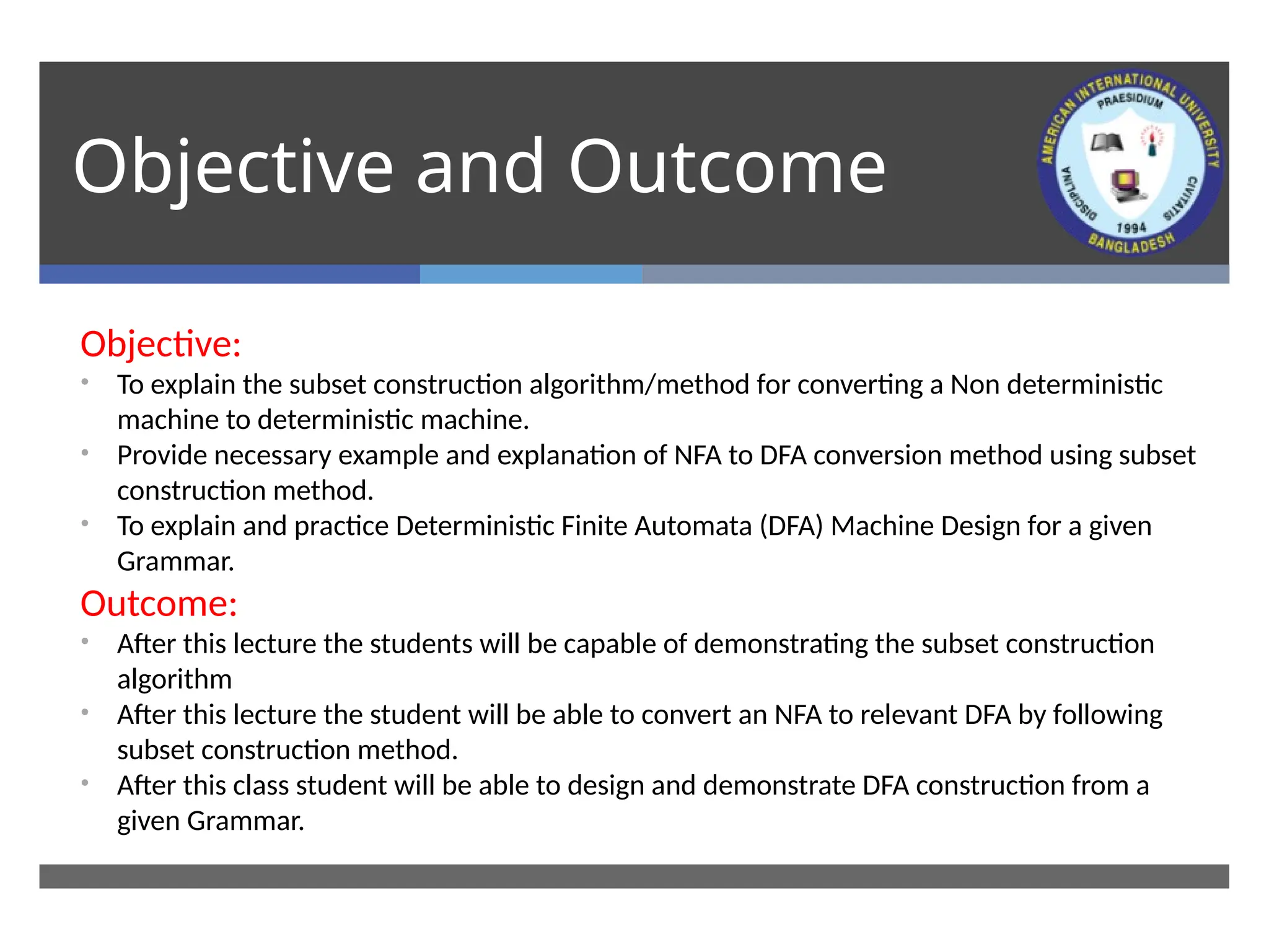 Nfa to dfa conversion using subset construction method ppt