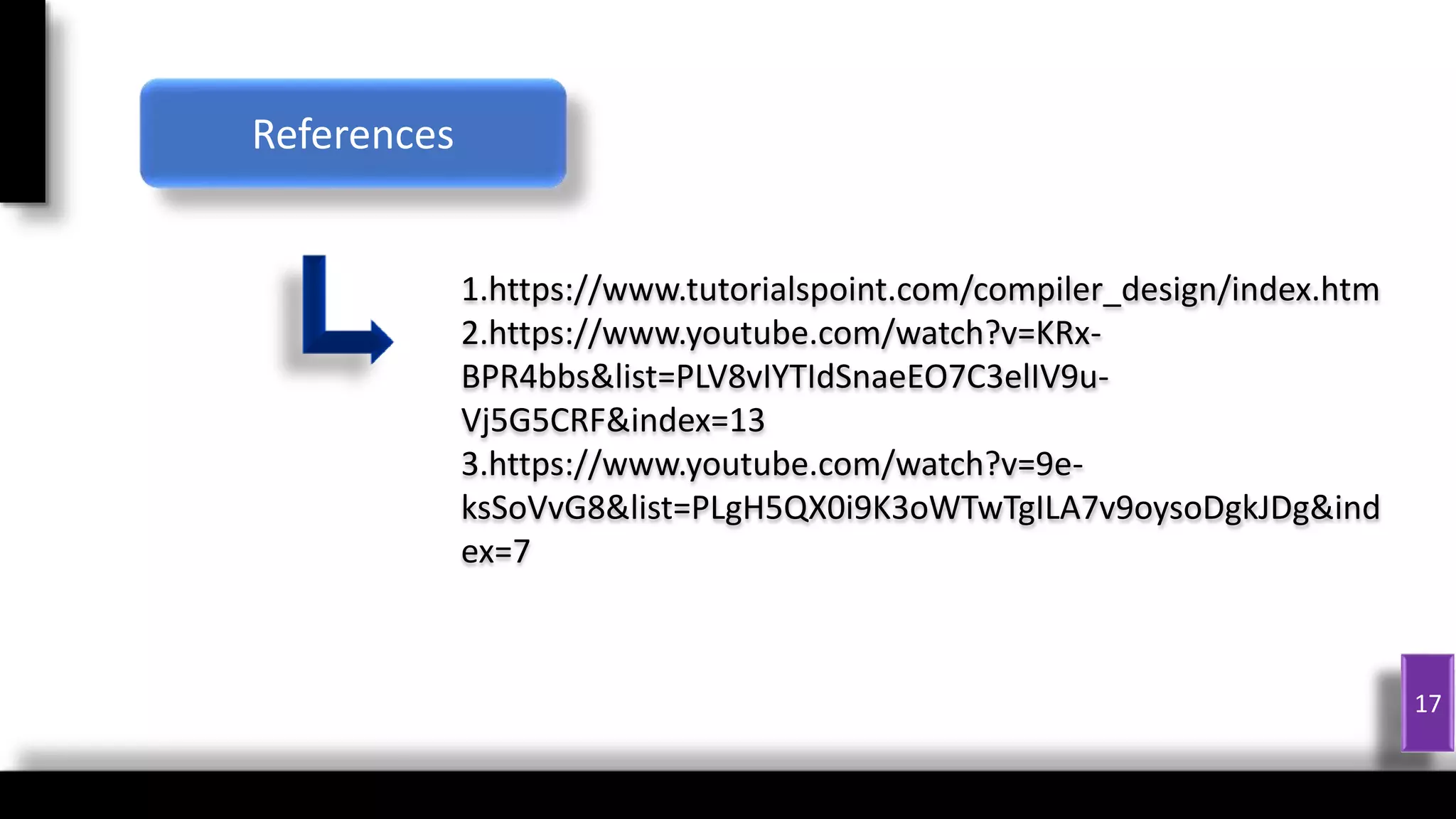 1
17
1.https://www.tutorialspoint.com/compiler_design/index.htm
2.https://www.youtube.com/watch?v=KRx-
BPR4bbs&list=PLV8vIYTIdSnaeEO7C3elIV9u-
Vj5G5CRF&index=13
3.https://www.youtube.com/watch?v=9e-
ksSoVvG8&list=PLgH5QX0i9K3oWTwTgILA7v9oysoDgkJDg&ind
ex=7
References
 