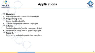 Applications
14
 Education:
• Teaching compiler construction concepts.
 Programming Tools:
• Syntax checking in IDEs.
• Custom interpreters for small languages.
 Industry:
• Designing Domain-Specific Languages (DSLs).
• Validation of config files or query languages.
 Research:
• Foundation for building optimized compilers.
 