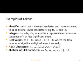 Examples of Tokens: Identifiers:  start with a lower case letter and may contain up to 31 additional lower case letters, digits, -s, and _s. Integers:  d+, +d+, -d+, where the + represents a continuous sequence of 9 or less significant digits. Real Values:  as d+.d+, +d+.d+, or -d+.d+ where the total number of significant digits does not exceed 7. ASCII Characters:  ;,_,-,,,[,],(,),:,!,<,>,+,-,*,/,{.} Multiple ASCII Characters:  ==, !=, <=, >=, <-, ::, ||, && January 29, 2010 