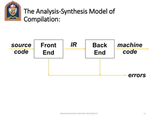 The Analysis-Synthesis Model of
Compilation:
ANKUR SRIVASTAVA ASSISTANT PROFESSOR JIT 11
Front
End
Back
End
source
code
IR machine
code
errors
 