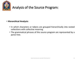 Analysis of the Source Program:
• Hierarchical Analysis:
• In which characters or tokens are grouped hierarchically into nested
collections with collective meaning.
• The grammatical phrases of the source program are represented by a
parse tree.
ANKUR SRIVASTAVA ASSISTANT PROFESSOR JIT 20
 