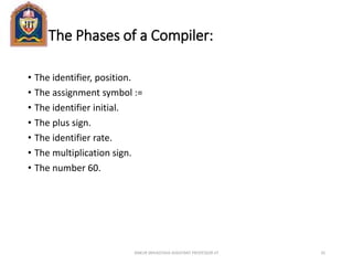 The Phases of a Compiler:
• The identifier, position.
• The assignment symbol :=
• The identifier initial.
• The plus sign.
• The identifier rate.
• The multiplication sign.
• The number 60.
ANKUR SRIVASTAVA ASSISTANT PROFESSOR JIT 35
 