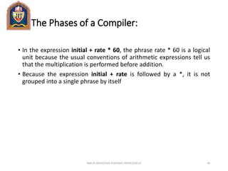The Phases of a Compiler:
• In the expression initial + rate * 60, the phrase rate * 60 is a logical
unit because the usual conventions of arithmetic expressions tell us
that the multiplication is performed before addition.
• Because the expression initial + rate is followed by a *, it is not
grouped into a single phrase by itself
ANKUR SRIVASTAVA ASSISTANT PROFESSOR JIT 40
 