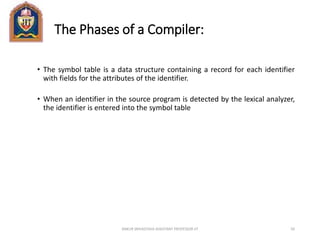 The Phases of a Compiler:
• The symbol table is a data structure containing a record for each identifier
with fields for the attributes of the identifier.
• When an identifier in the source program is detected by the lexical analyzer,
the identifier is entered into the symbol table
ANKUR SRIVASTAVA ASSISTANT PROFESSOR JIT 50
 