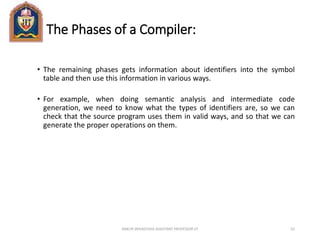 The Phases of a Compiler:
• The remaining phases gets information about identifiers into the symbol
table and then use this information in various ways.
• For example, when doing semantic analysis and intermediate code
generation, we need to know what the types of identifiers are, so we can
check that the source program uses them in valid ways, and so that we can
generate the proper operations on them.
ANKUR SRIVASTAVA ASSISTANT PROFESSOR JIT 52
 