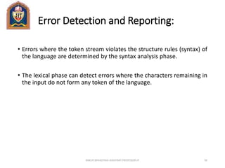 Error Detection and Reporting:
• Errors where the token stream violates the structure rules (syntax) of
the language are determined by the syntax analysis phase.
• The lexical phase can detect errors where the characters remaining in
the input do not form any token of the language.
ANKUR SRIVASTAVA ASSISTANT PROFESSOR JIT 56
 