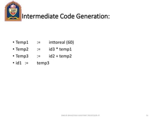 Intermediate Code Generation:
• Temp1 := inttoreal (60)
• Temp2 := id3 * temp1
• Temp3 := id2 + temp2
• id1 := temp3
ANKUR SRIVASTAVA ASSISTANT PROFESSOR JIT 61
 