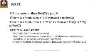 FIRST
If X is a terminal then First(X) is just X!
If there is a Production X → ε then add ε to first(X)
If there is a Production X → Y1Y2..Yk then add first(Y1Y2..Yk)
to first(X)
First(Y1Y2..Yk) is either
First(Y1) (if First(Y1) doesn't contain ε)
OR (if First(Y1) does contain ε) then First (Y1Y2..Yk) is everything in First(Y1)
<except for ε > as well as everything in First(Y2..Yk)
If First(Y1) First(Y2)..First(Yk) all contain ε then add ε to First(Y1Y2..Yk) as well.
ANKUR SRIVASTAVA ASSISTANT PROFESSOR JIT 19
 
